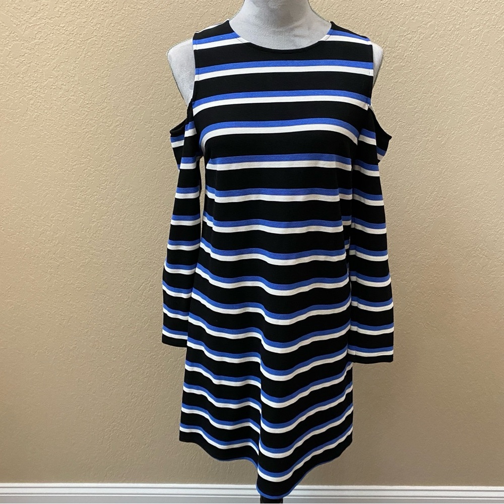 Blue and white Stripe cold shoulder Dresss